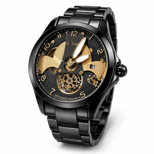 Stealth Black Open-Heart Mechanical Watch with Gold Accents