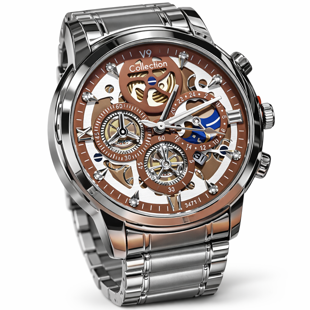V9 Collection Stainless Steel Skeleton Watch