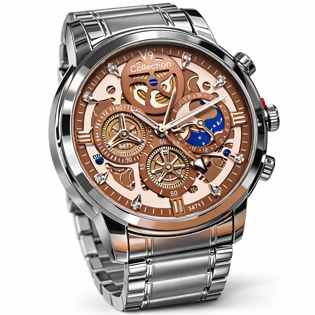 V9 Collection Stainless Steel Skeleton Watch