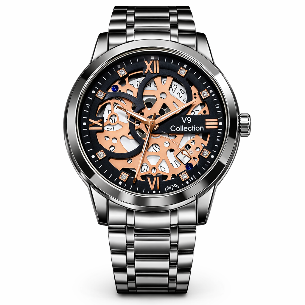V9 Collection Stainless Steel Skeleton Watch